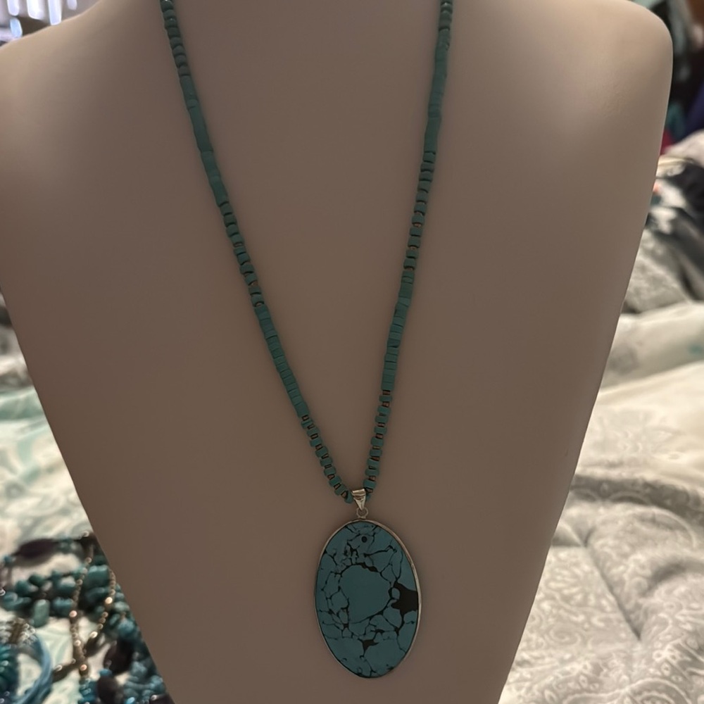 20” Blue Turquoise Necklace with 2” Silver turquoise pendant